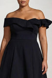 Off The Shoulder A Line Black Satin Formal Dress