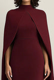 Burgundy Sheath Midi Cape Formal Dress