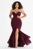 Burgundy Plus Size Sweetheart Mermaid Long Formal Dress with Slit