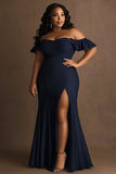 Navy Off The Shoulder Plus Size Long Formal Dress with Slit