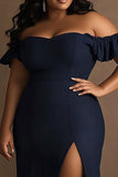 Navy Off The Shoulder Plus Size Long Formal Dress with Slit