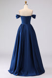 Plus Size Navy Off The Shoulder Satin Long Formal Dress with Slit