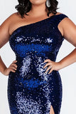 Plus Size Sparkly Dark Blue Long Formal Dress with Slit