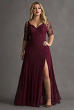 Plus Size Burgundy Half Sleeves Long Lace Formal Dress with Slit