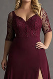 Plus Size Burgundy Half Sleeves Long Lace Formal Dress with Slit