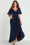 Navy Chiffon V-Neck Long Plus Size Formal Dress