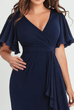 Navy Chiffon V-Neck Long Plus Size Formal Dress