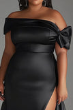 Black Plus Size Off The Shoulder Satin Long Formal Dress