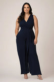 Plus Size Navy V-Neck Long Women Jumpsuits