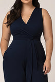 Plus Size Navy V-Neck Long Women Jumpsuits