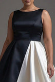 Plus Size A Line Boat Neck Satin Black Tie Dress