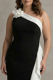 Plus Size One Shoulder Ruffled Mermaid Long Black Tie Dress with 3D Flower