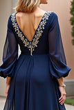 A Line Navy V-Neck Chiffon Mother of the Bride Dress with Long Sleeves