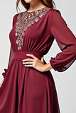 A Line Burgundy Chiffon Mother of the Bride Dress with Long Sleeves