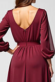 A Line Burgundy Chiffon Mother of the Bride Dress with Long Sleeves