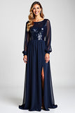 A Line Navy Sequined Chiffon Mother of the Bride Dress with Long Sleeves