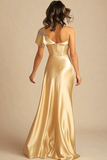 Gold Satin Long One Shoulder Mother Of Bride Dress with Slit