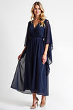 Navy A Line V-Neck Chiffon Mother of the Bride Dress