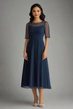 Navy A Line Chiffon Midi Mother of the Bride Dress