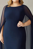 Navy Chiffon Plus Size Mother of the Bride Dress with Cape