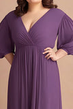 Plum Plus Size Chiffon A Line V Neck Mother of the Bride Dress with Puff Sleeves