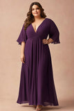 Dark Purple V Neck Plus Size Mother of the Bride Dress with Flutter Sleeves