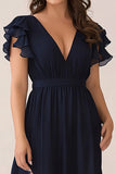 Navy Chiffon A-Line V-Neck Choir Dress with Flutter Sleeves