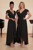 Navy Chiffon A-Line V-Neck Choir Dress with Flutter Sleeves