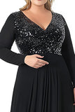 Black V-Neck Sequins Chiffon Plus Size Mother of the Bride Dress with Long Sleeves