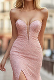 Pink Sheath Lace Strapless Ruched Long Prom Dress with Slit