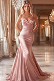 Pink Mermaid Sweetheart Satin Ruched Long Prom Dress