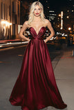 Burgundy Satin Strapless Ruched A-Line Long Prom Dress