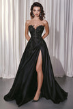 Black A-Line Satin Sweetheart Long Prom Dress with Lace Appliques