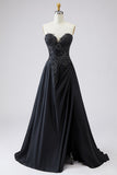 Black A Line Satin Sweetheart Long Formal Dress with Appliques