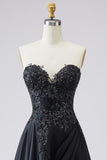 Black A Line Satin Sweetheart Long Formal Dress with Appliques