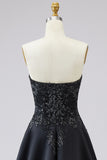 Black A Line Satin Sweetheart Long Formal Dress with Appliques