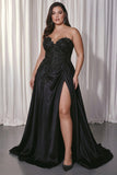Black Sweetheart A-Line Satin Long Plus Size Formal Dress with Slit