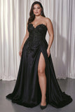 Black A Line Satin Sweetheart Long Formal Dress with Appliques