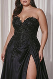 Black Sweetheart A-Line Satin Long Plus Size Formal Dress with Slit