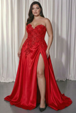 Black Sweetheart A-Line Satin Long Plus Size Formal Dress with Slit