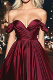 Burgundy A Line Off The Shoulder Long Satin Prom Dress