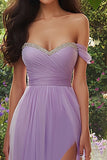 Lilac A Line Off The Shoulder Ruched Long Prom Dress With Beading