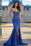 Royal Blue Bodycon Sweetheart Appliqued Long Prom Dress With Slit