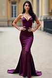 Bodycon Plum Spaghetti Straps Long Satin Prom Dress