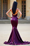 Bodycon Plum Strapless Corset Long Satin Prom Dress