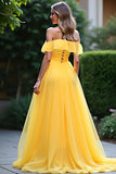 Yellow A Line Off The Shoulder Ruffled Long Prom Dress With Slit