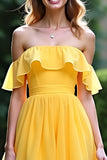 Yellow A Line Off The Shoulder Ruffled Long Prom Dress With Slit