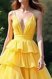 Yellow A Line Spaghetti Straps Long Ruffles Prom Dress with Slit