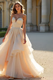 Champagne A Line Strapless Long Prom Dress With Ruffles