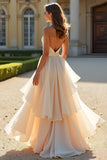 Champagne A Line Strapless Long Prom Dress With Ruffles